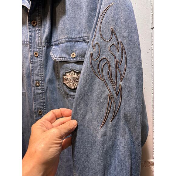 Harley Davidson blue denim button down long sleeve shirt men’s 2xl tall - Picture 5 of 8